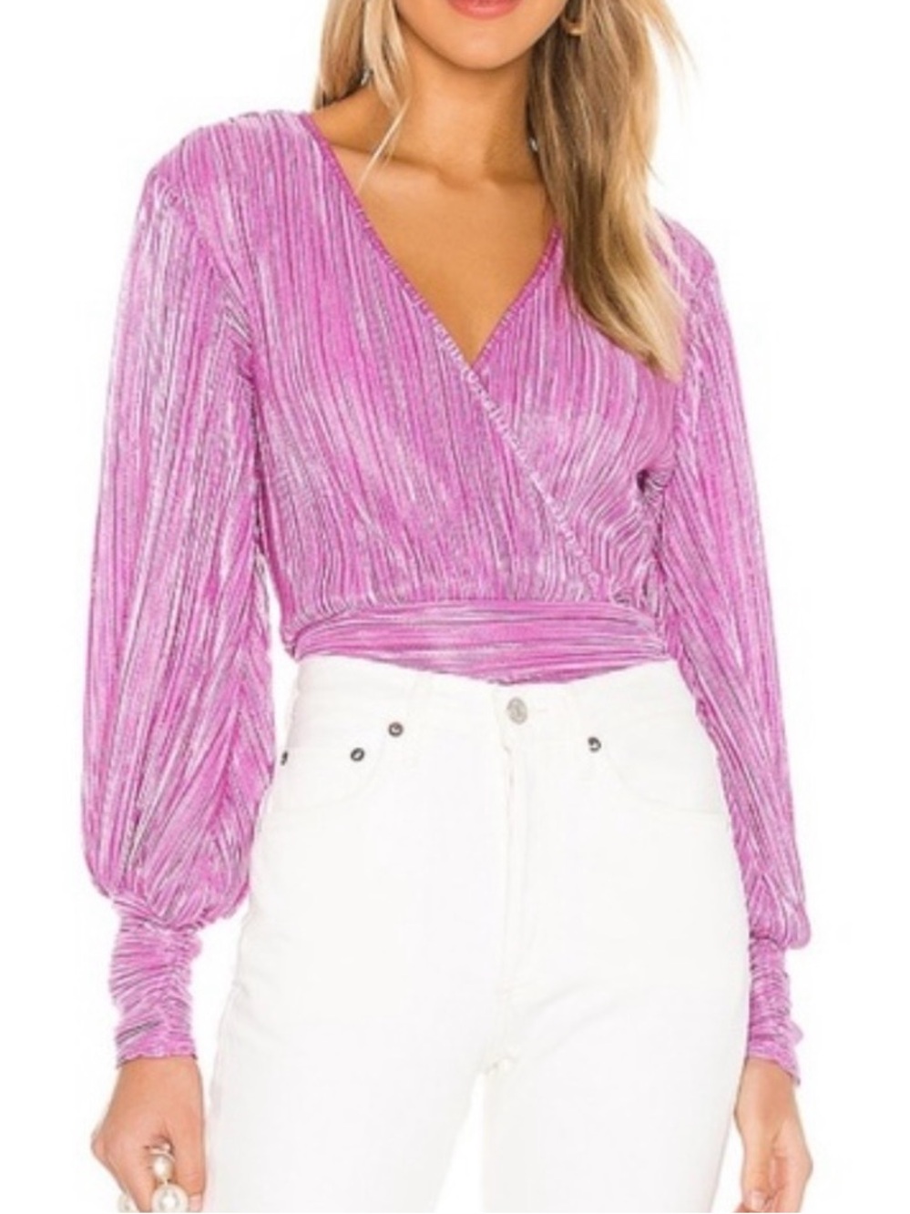 Bardot Metallic Pink Pleated Lurex Surplice Blouse Top Size 12 Open Back